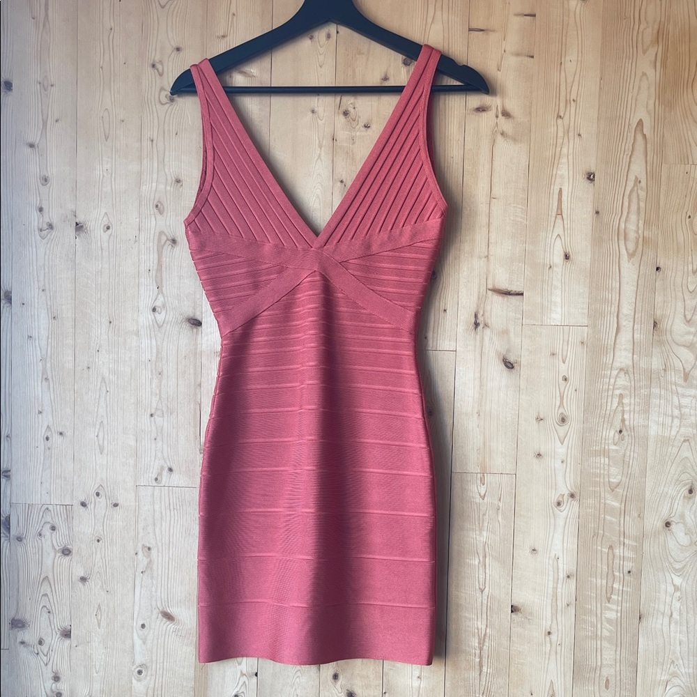 Herve Leger Coral V-Neck Mini Dress